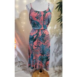 Cynthia Rowley Tropical Palm Frond Midi Dress Womens Size 8 Coral Pink Tie Waist